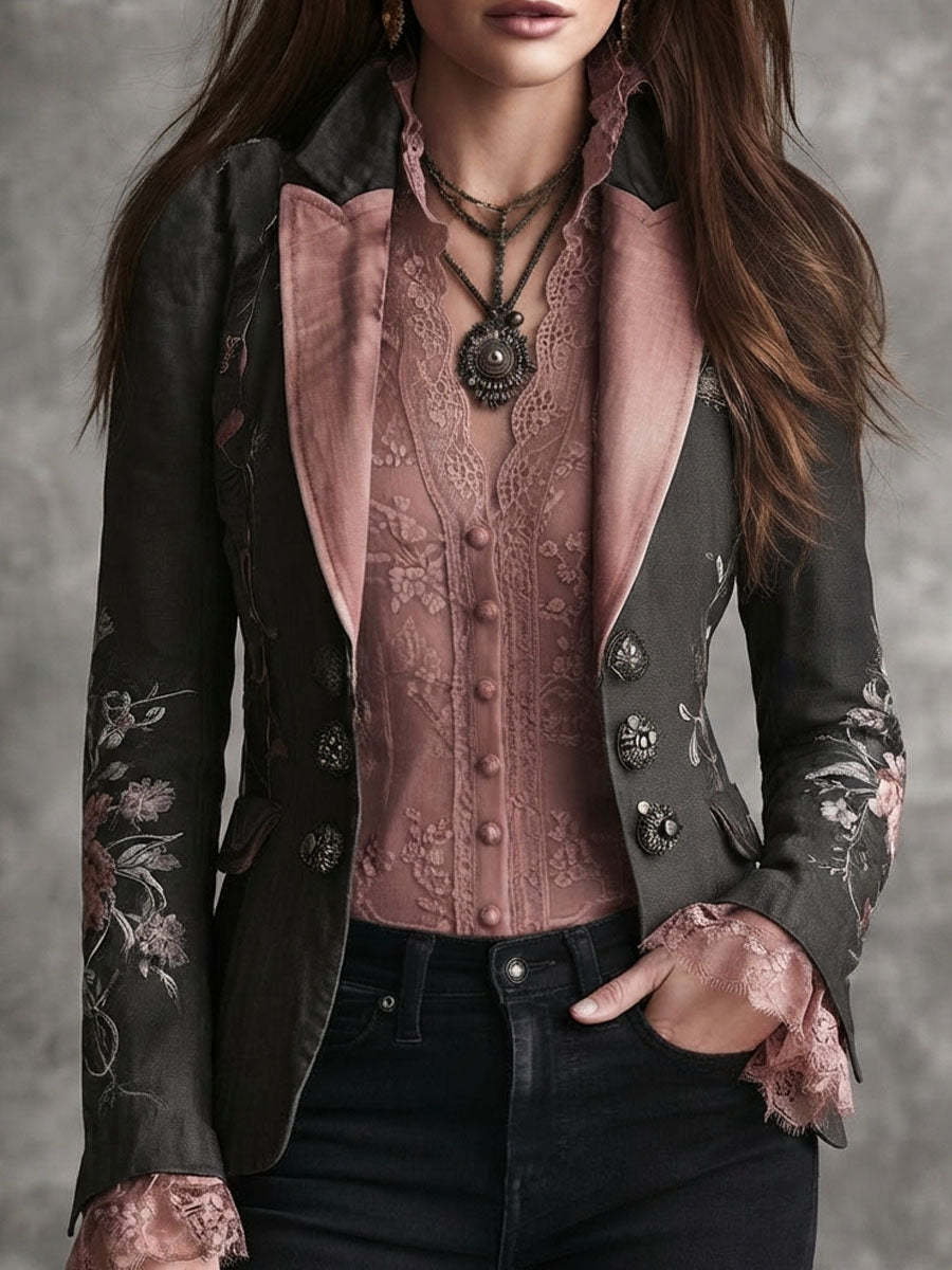 Retro Black Floral Embroidered Pink Satin Lapel Blazer