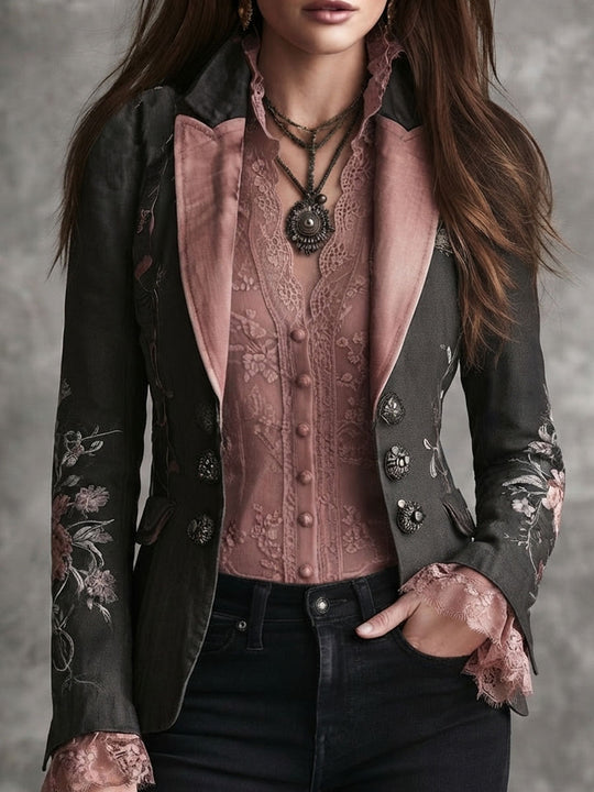 Retro Black Floral Embroidered Pink Satin Lapel Blazer