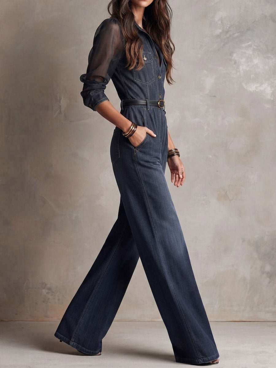 Retro Elegant Dark Denim Sheer Sleeve Wide Leg Jumpsuit With Chest Pocket