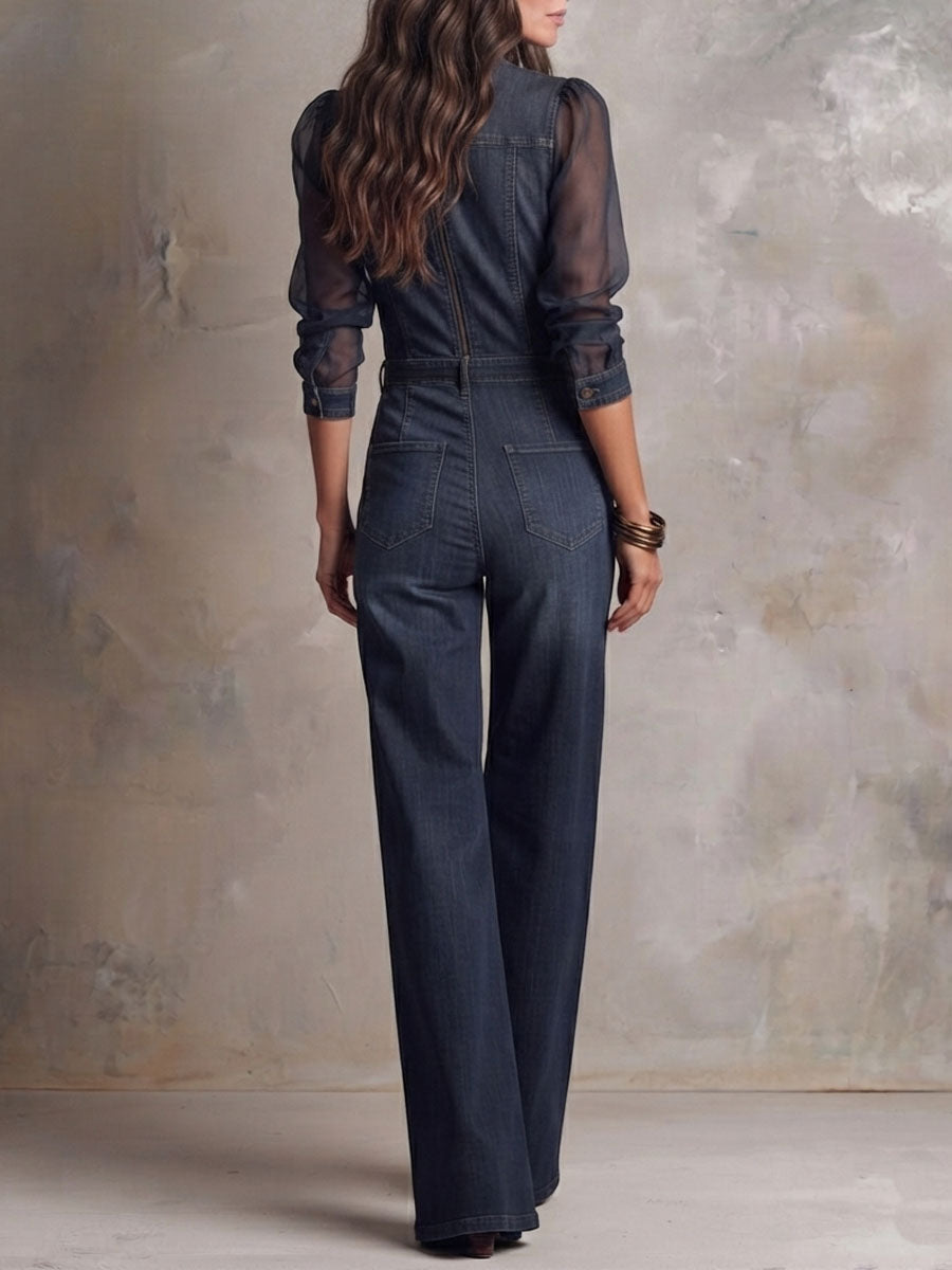 Retro Elegant Dark Denim Sheer Sleeve Wide Leg Jumpsuit With Chest Pocket