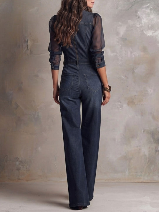 Retro Elegant Dark Denim Sheer Sleeve Wide Leg Jumpsuit With Chest Pocket
