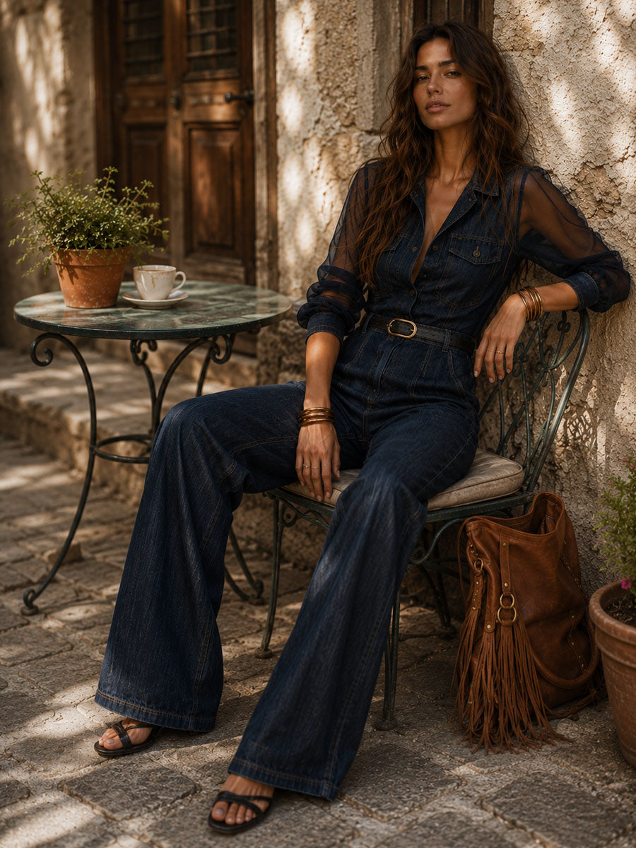 Retro Elegant Dark Denim Sheer Sleeve Wide Leg Jumpsuit With Chest Pocket