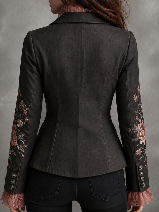 Retro Black Floral Embroidered Pink Satin Lapel Blazer