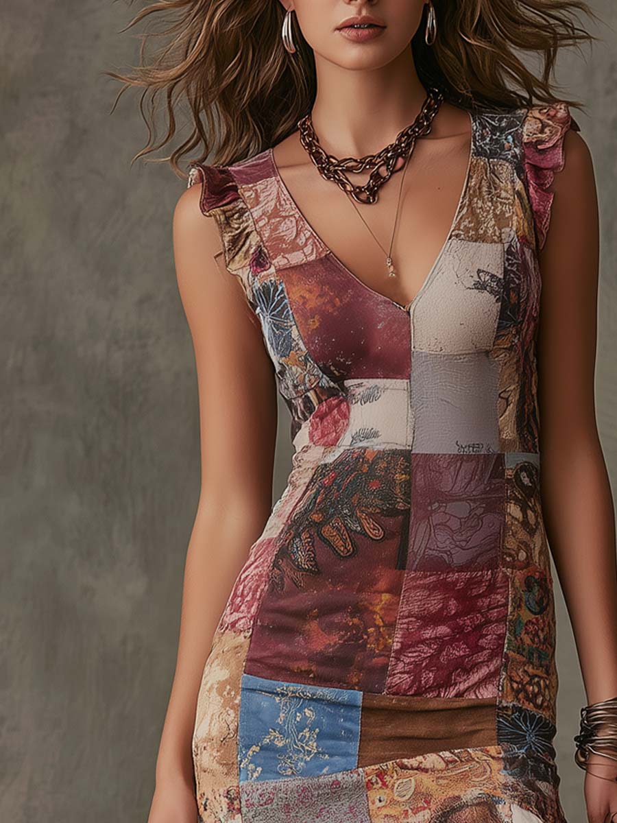 Retro Floral Patchwork Polyester Suede Midi Dress