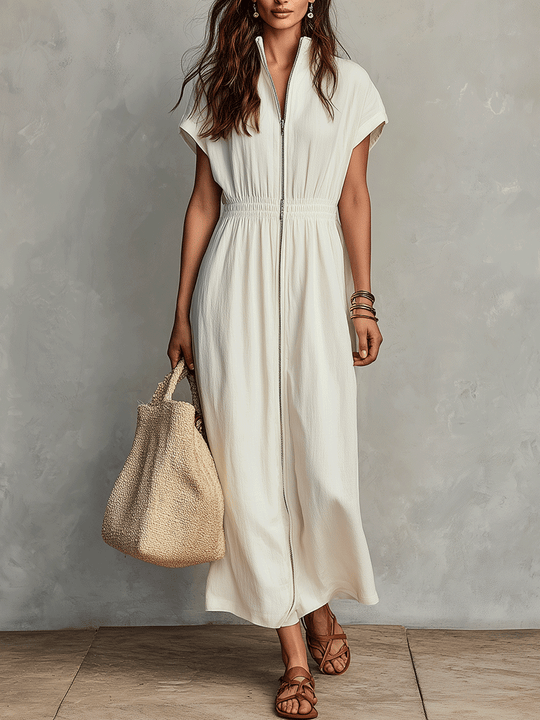 Minimal Zip-Front Cream Maxi Dress