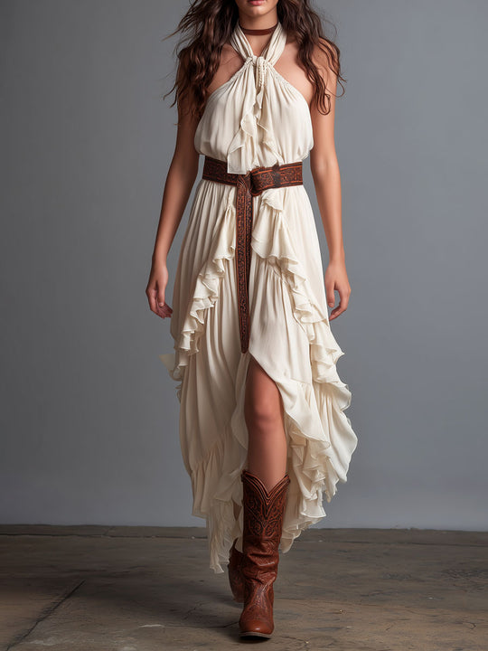 Ivory Flowy Chiffon Halter Maxi Dress With Multi Layered Ruffles Hem