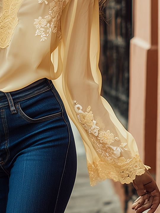 Chic V-Neck Floral Embroidered Blouse