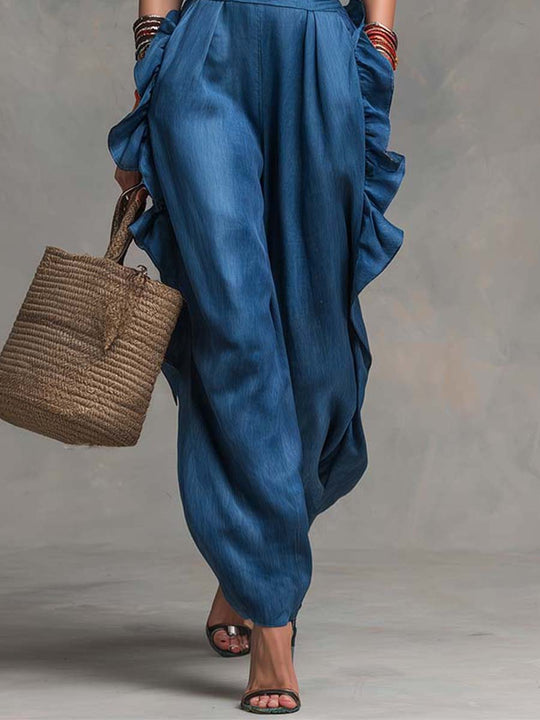 Boho-Vintage Elegant Tencel Faux-Denim Ruffle Wide-Leg Jumpsuit