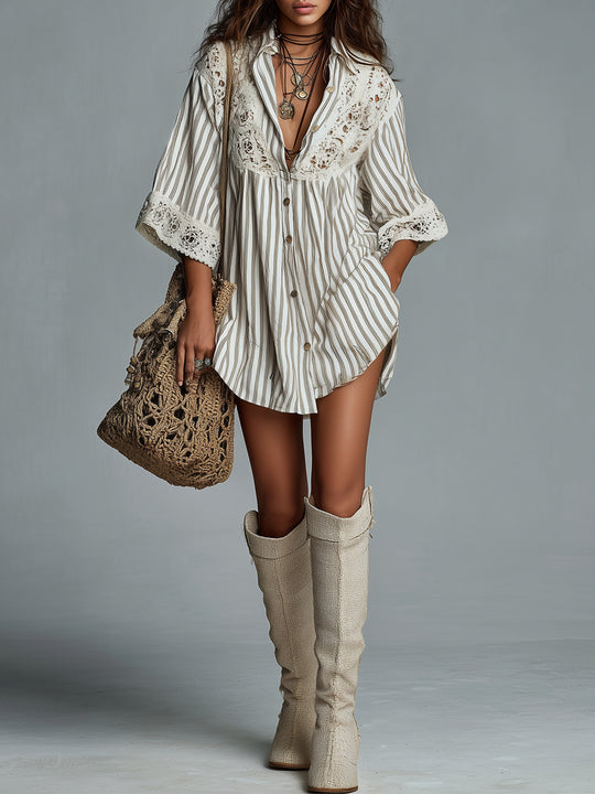 Striped Cotton And Linen Short Dress With Batwing Sleeves And Lace Trim