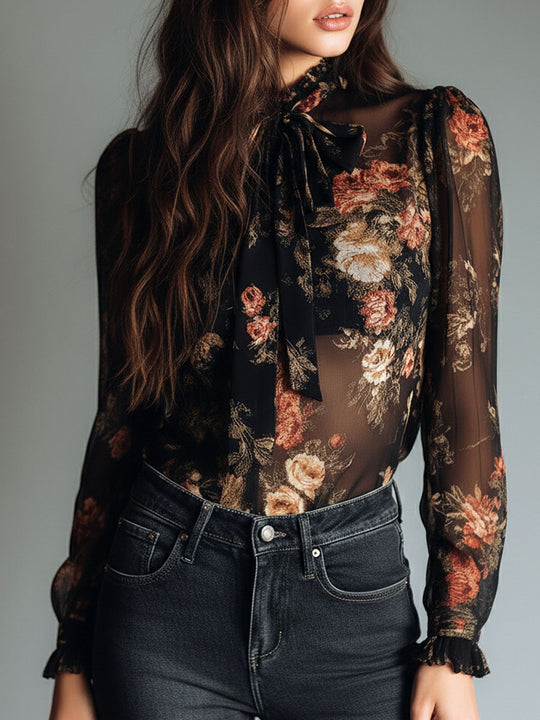 Vintage Black Sheer Chiffon Floral Tie Neck Blouse