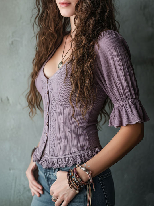 Boho Charm Dusty Lavender Lace-Trim Blouse