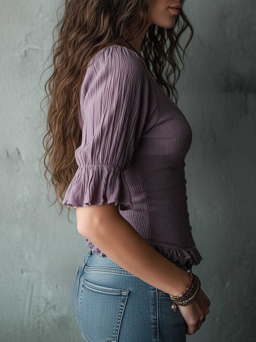 Boho Charm Dusty Lavender Lace-Trim Blouse