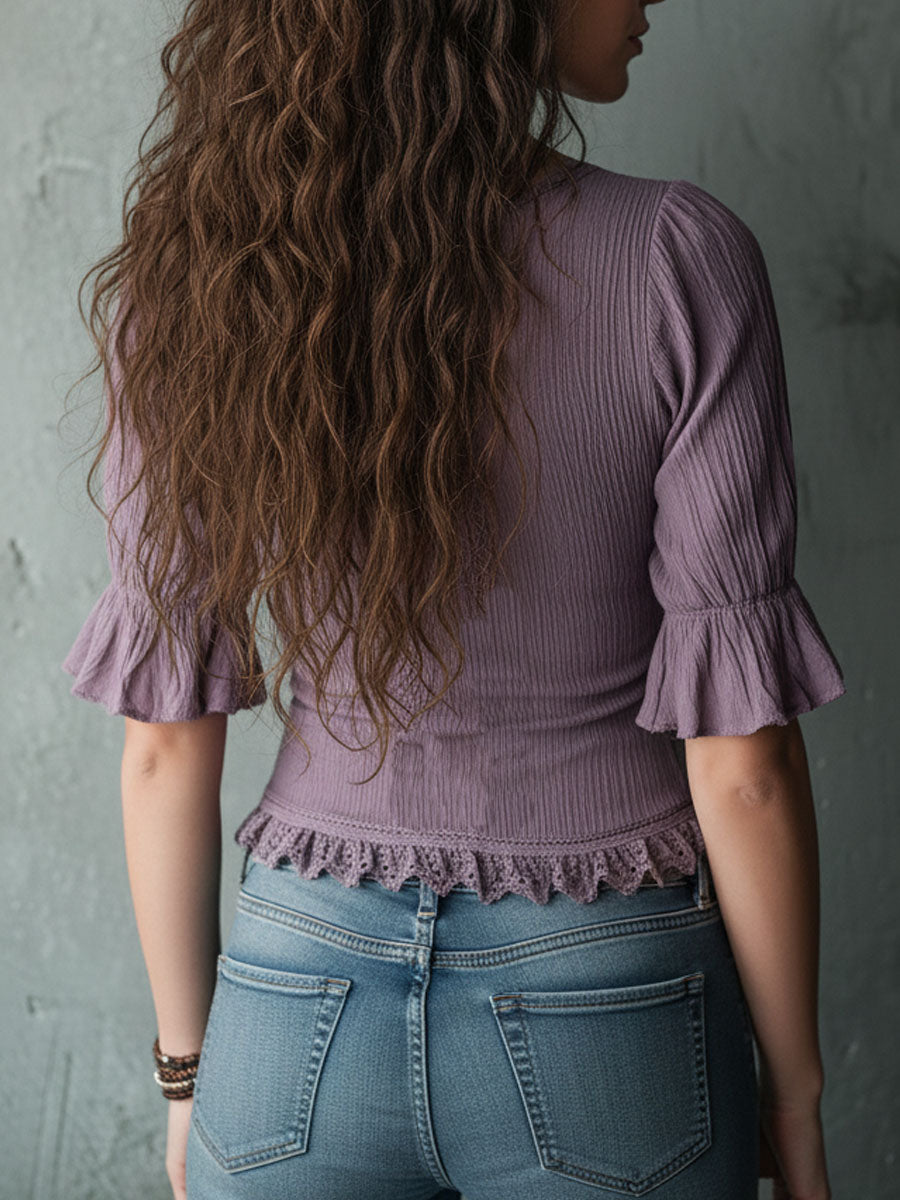 Boho Charm Dusty Lavender Lace-Trim Blouse