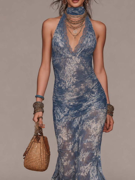Retro Lace Halter Neck Rose Prined Mesh Flare Hem Maxi Dress