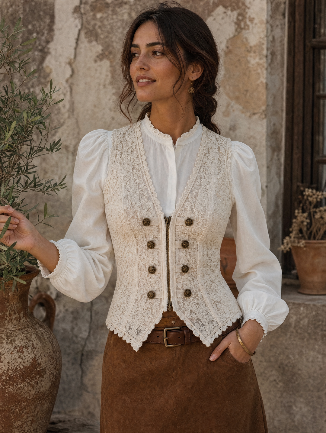 Boho Romantic Cream Floral Lace Double Breasted Corset Vest