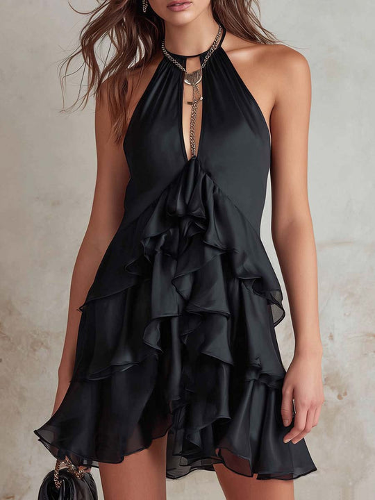 Retro Keyhole Neck Ruffle Hem Polyester Satin Mini Dress