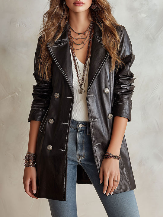 Vintage-style Black Eco-leather Double-breasted Trench Coat