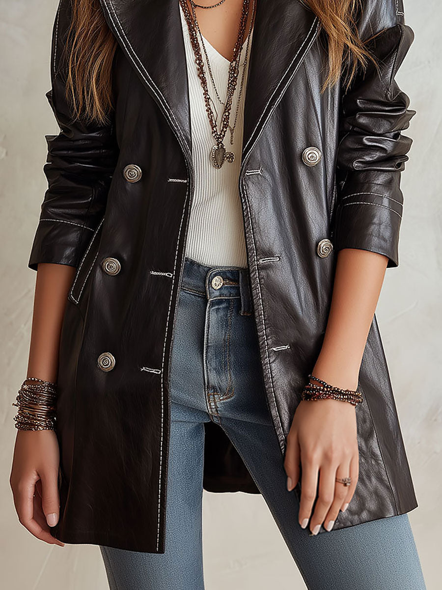 Vintage-style Black Eco-leather Double-breasted Trench Coat