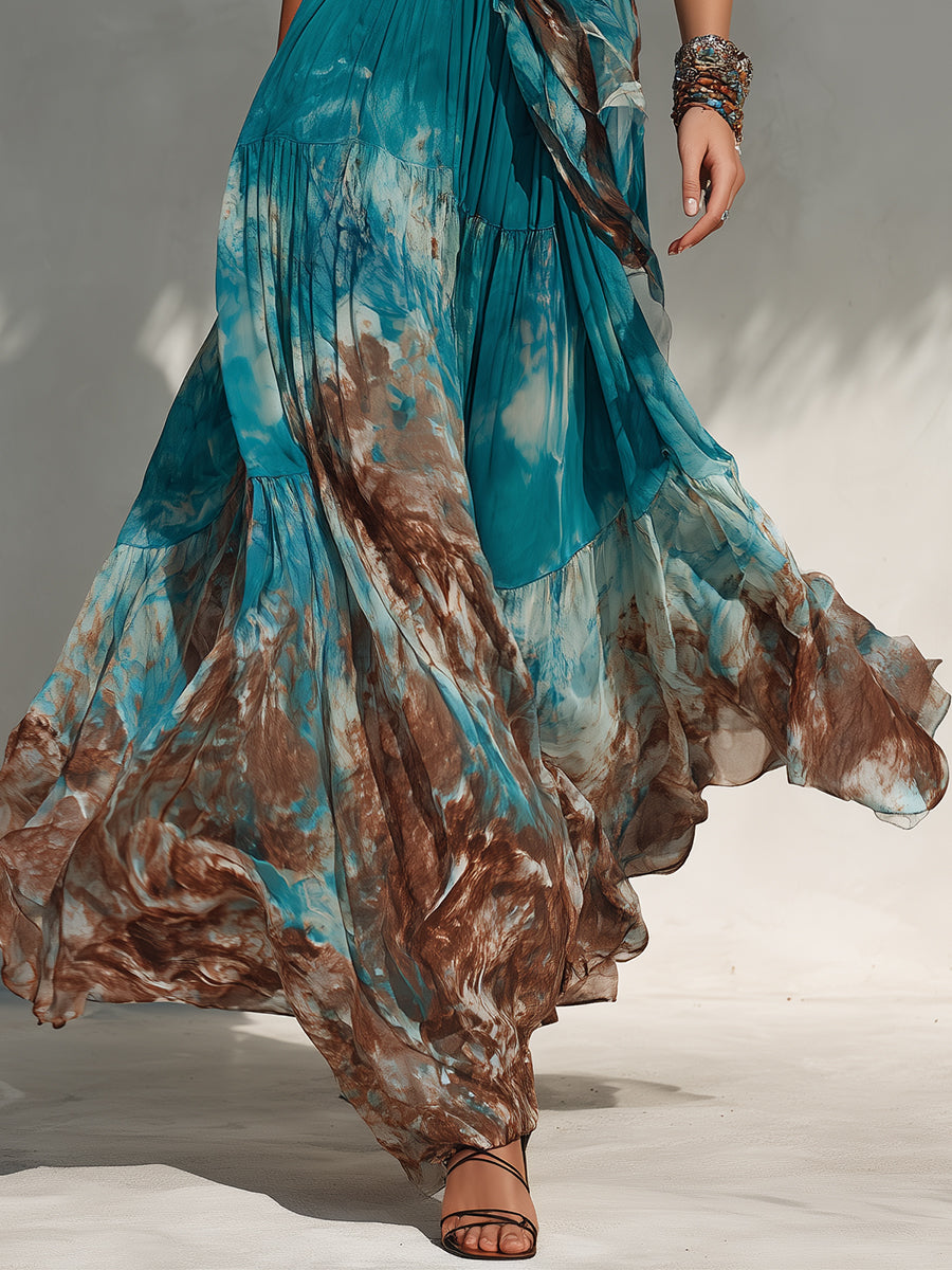 Bohemian Chiffon Printed Maxi Dress With Ruffles