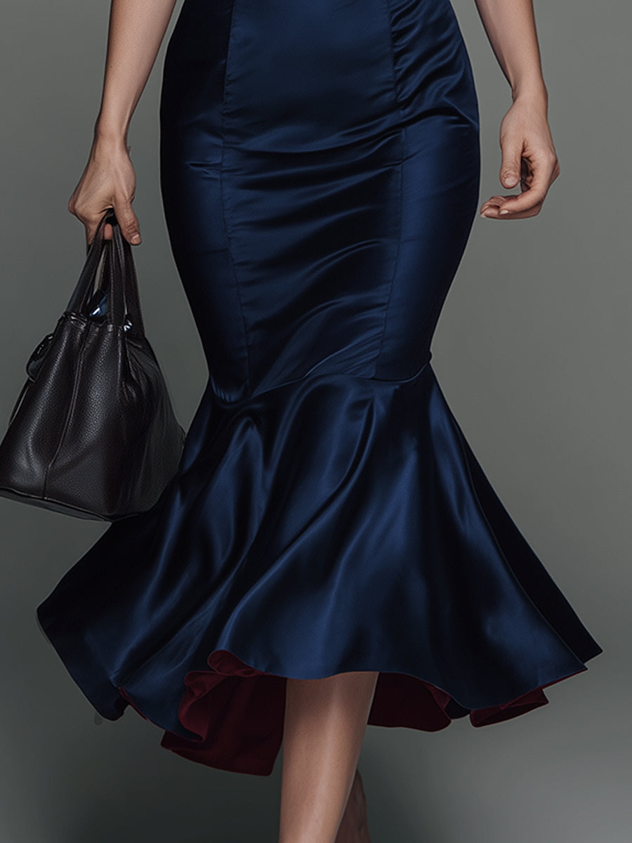 Elegant Double-layered Fishtail Hem Fitted Satin Midi Dress
