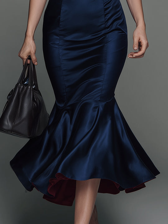 Elegant Double-layered Fishtail Hem Fitted Satin Midi Dress