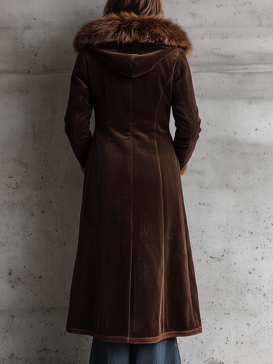 Brown Microfiber Suede Maxi Coat With Metal Buttons And Faux Fur Frim