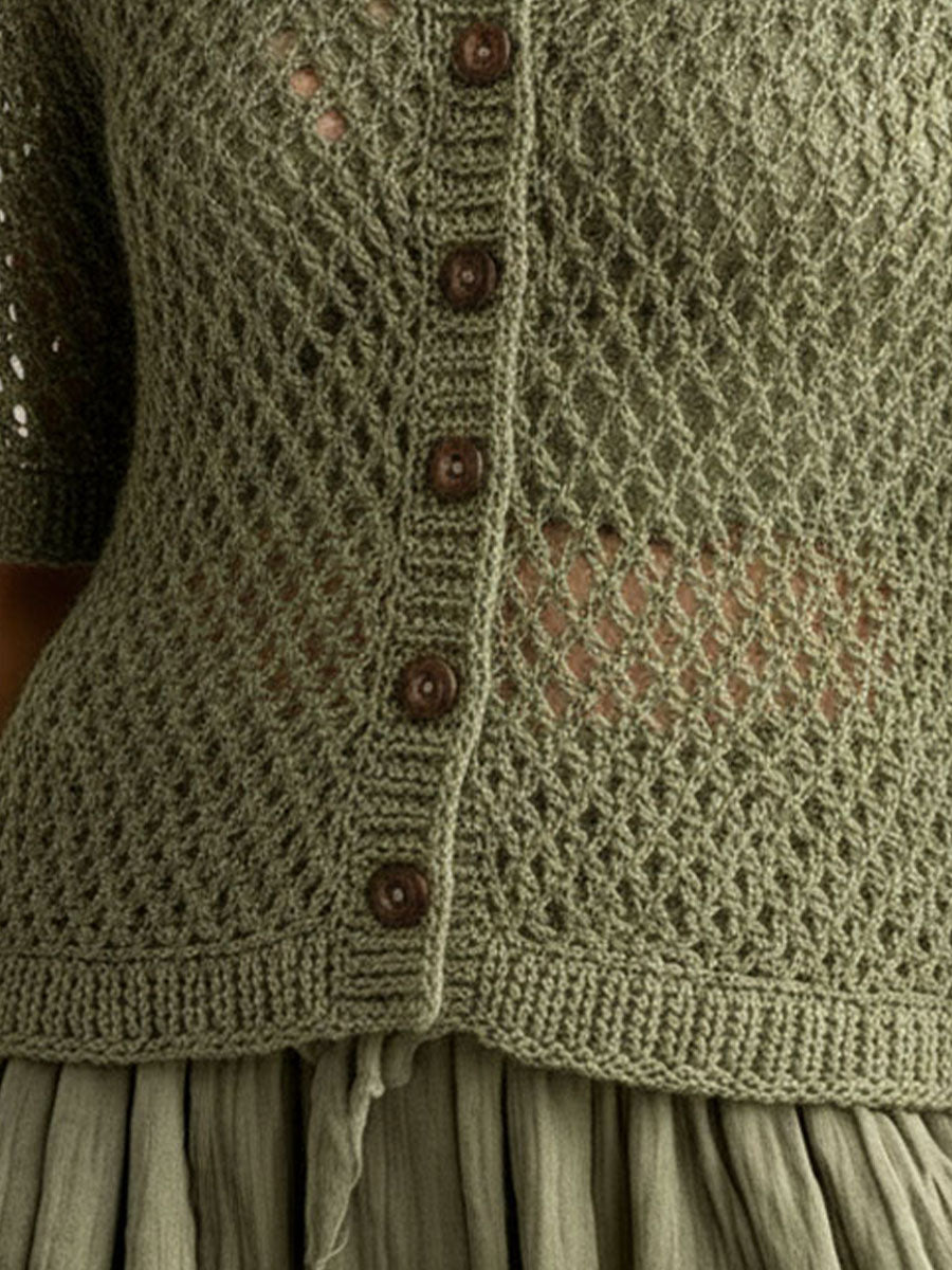Boho Olive Green Handcrafted Open Knit Button Cardigan
