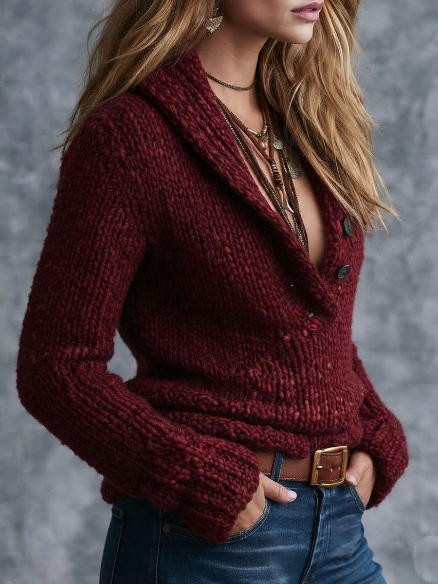 Vintage Burgundy Chunky Knit Shawl Collar Half Button Sweater