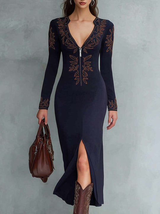 Retro Zipper Collar Ethnic Floral Embroidered Midi Dress