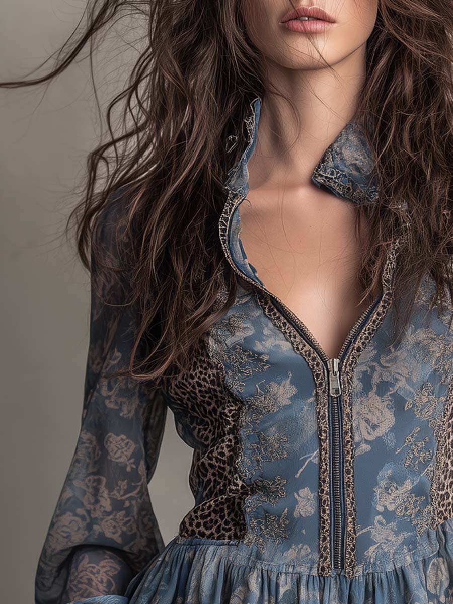 Vintage Leopard Print Floral Peplum Hem Chiffon Blouse