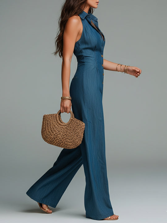 Retro Tencel Denim Shirt-collar Straight-leg Jumpsuit