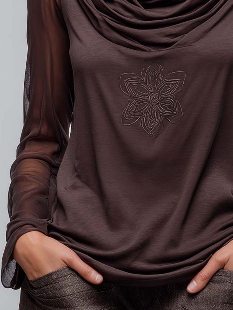 Draped Cowl-Neck Top With Sheer Mesh Sleeves And Embroidered Motif
