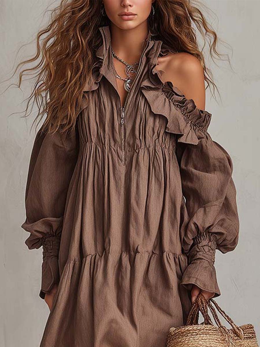 Ruffled Off-Shoulder Viscose–Linen Maxi Dress