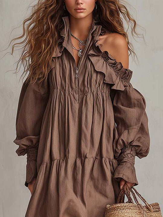 Ruffled Off-Shoulder Viscose–Linen Maxi Dress