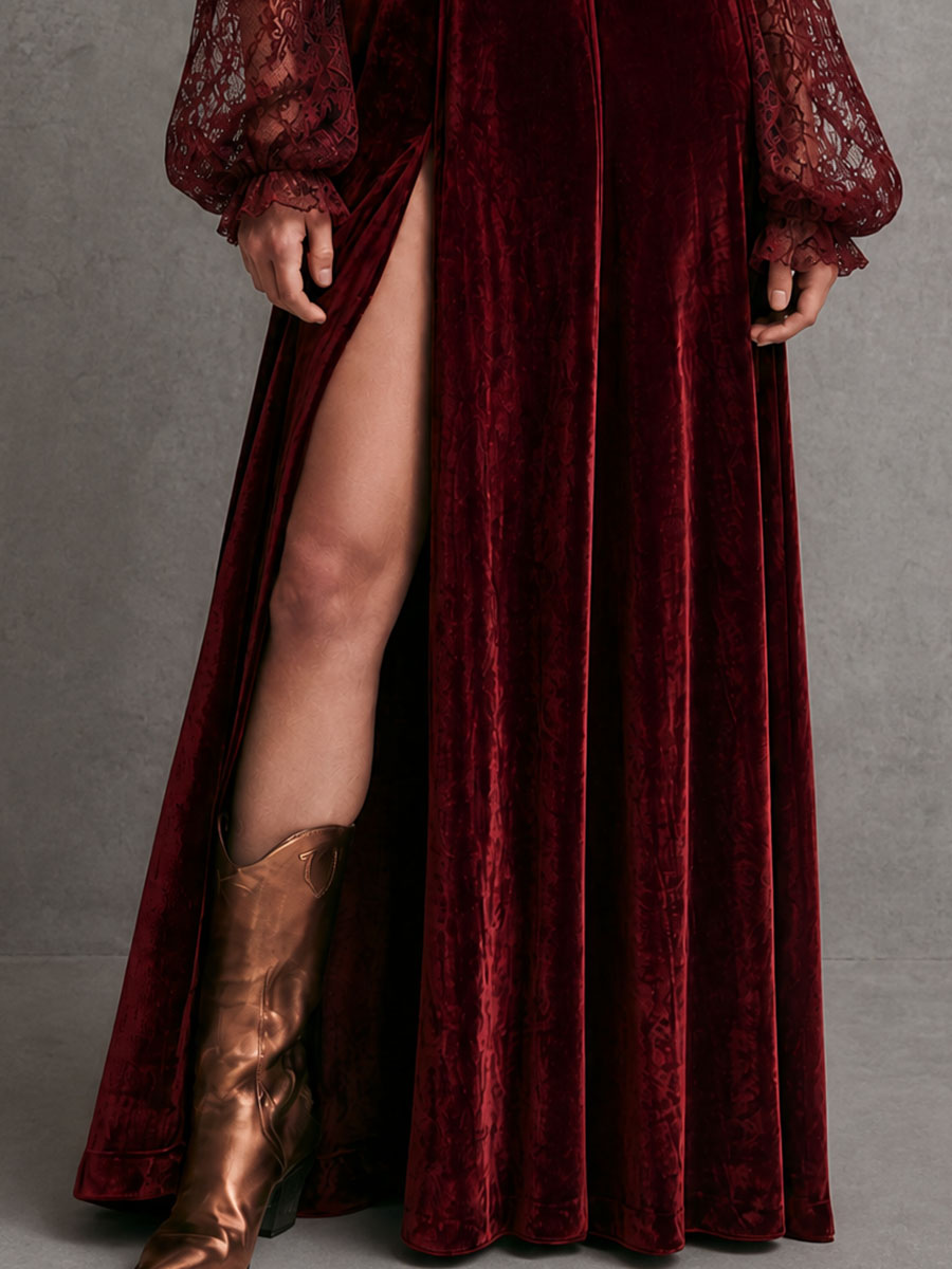 Burgundy Velvet Lace Sleeve Maxi Dress