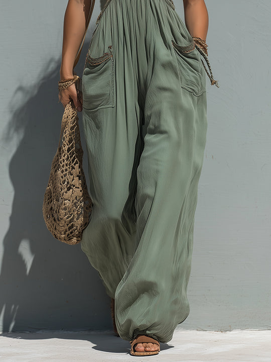 Boho Lace-Trimmed Wide-Leg Jumpsuit With Patch Pockets
