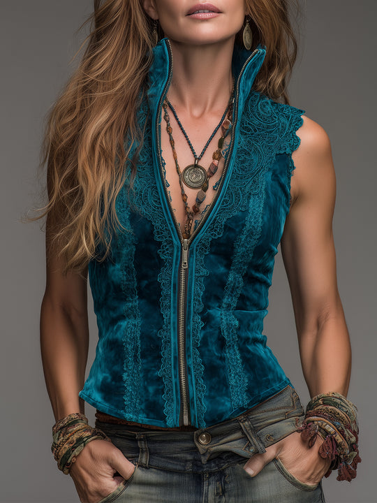 Bohemian Style Stand-collar Vest With Front Zipper And Lace Trim