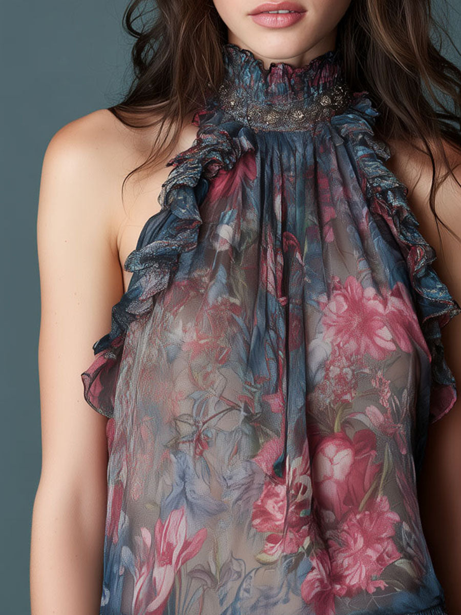 Boho Sheer Floral Halter Sleeveless Blouse With Ruffled Peplum