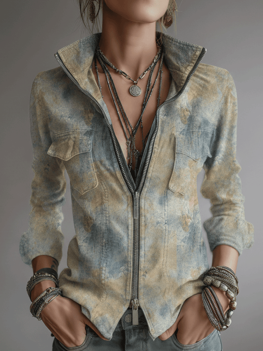 Retro Desert-Style Tie-Dye Pattern Zip-Up Shirt