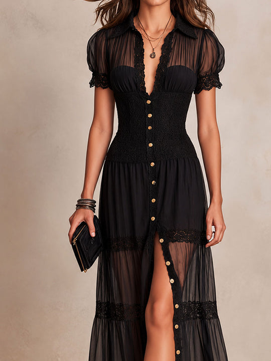Boho Romantic Black Sheer Lace Trimmed Maxi Dress