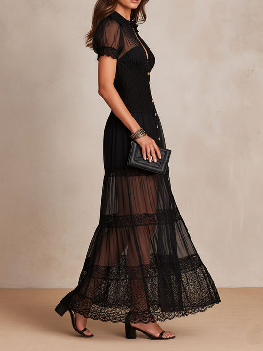 Boho Romantic Black Sheer Lace Trimmed Maxi Dress