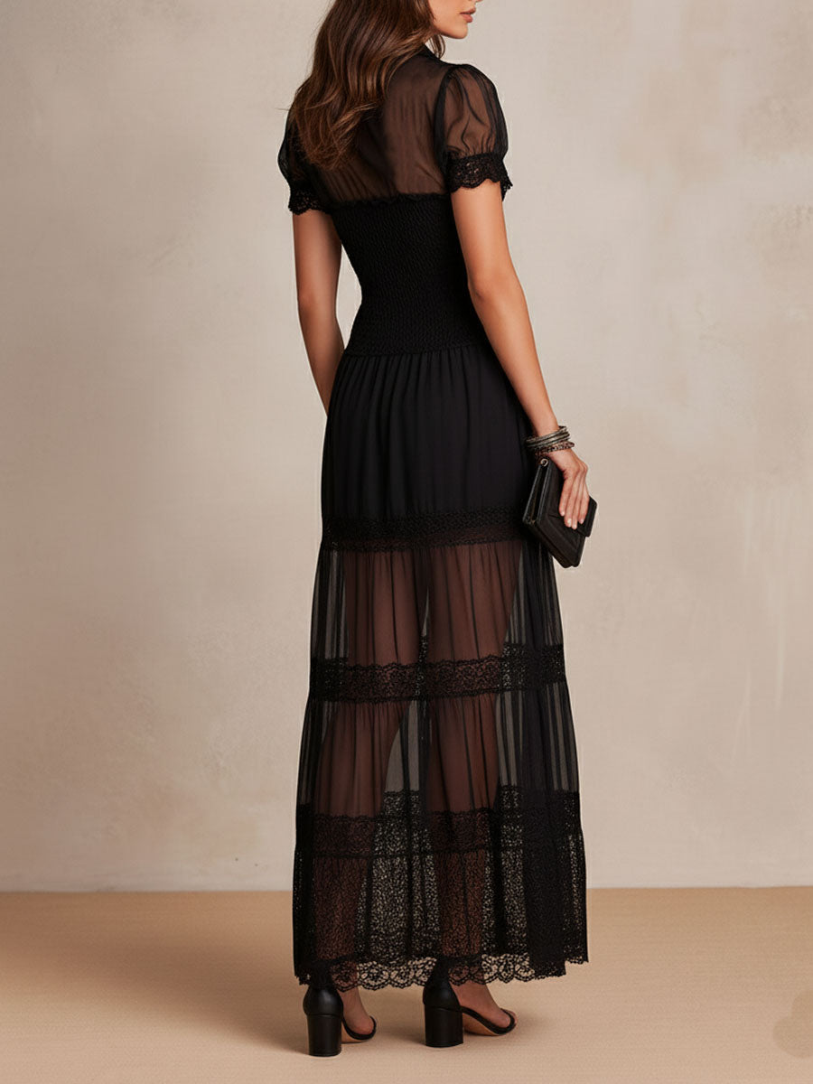 Boho Romantic Black Sheer Lace Trimmed Maxi Dress