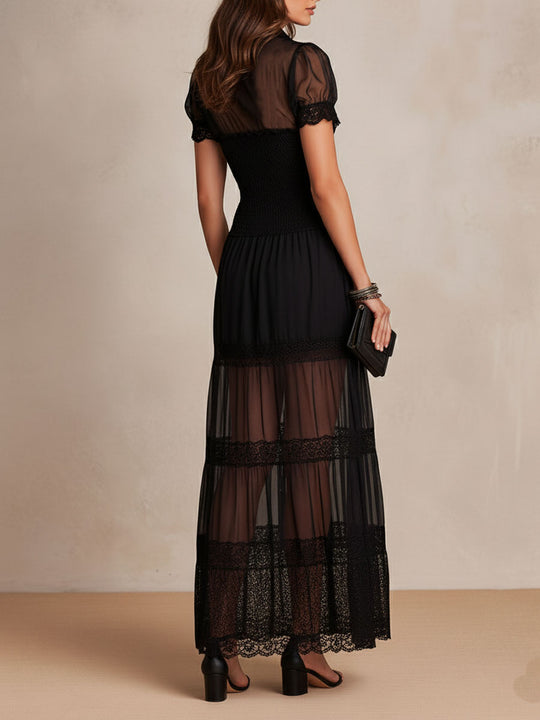 Boho Romantic Black Sheer Lace Trimmed Maxi Dress