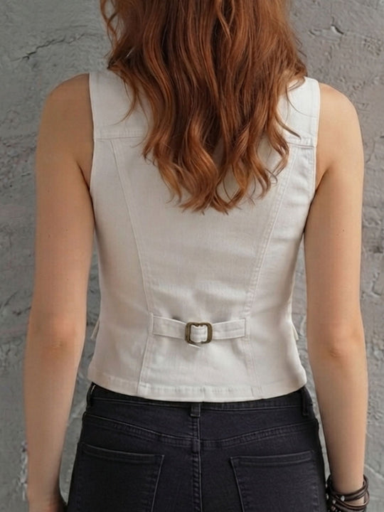 Retro Elegant White Denim Notched Lapel Tailored Corset Vest