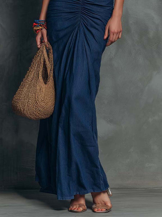 Boho-Vintage Elegant Imitation Denim Indigo Ruched Maxi Dress