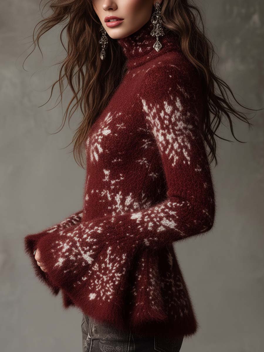 Burgundy Snowflake Print Bell Sleeve Sweater