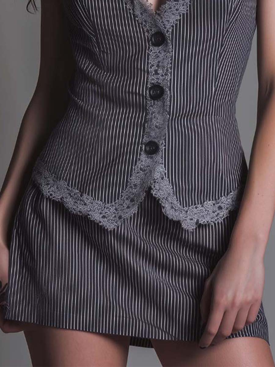 Pinstripe Lace-Trim Vest & Mini Skirt Set