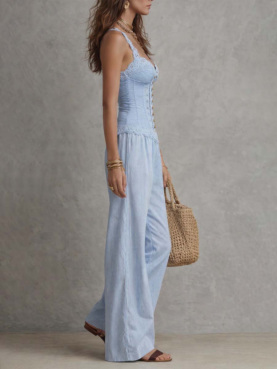 Bohemian Lace Corset Top & Striped Wide-Leg Pants Two-Piece Set