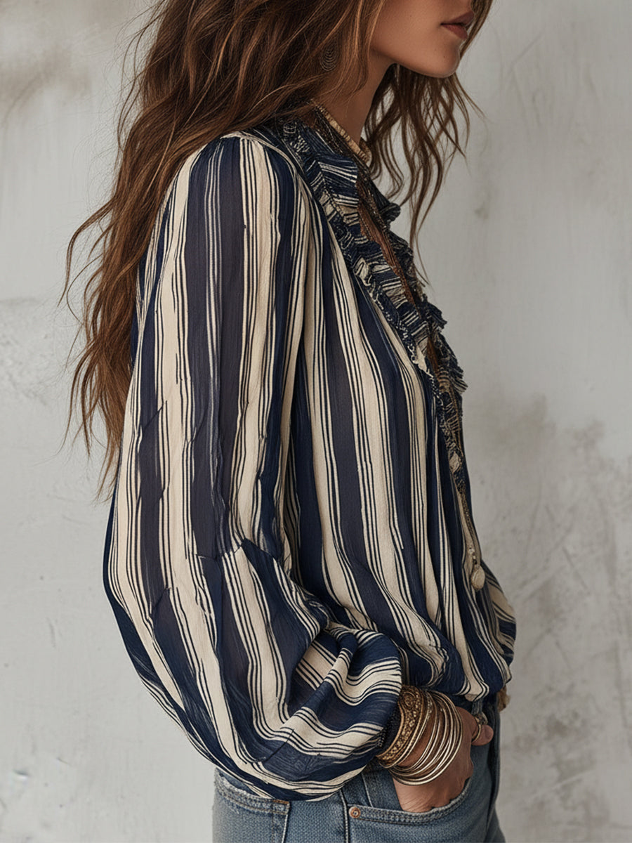 Bohemian Striped Chiffon Blouse With Ruffles