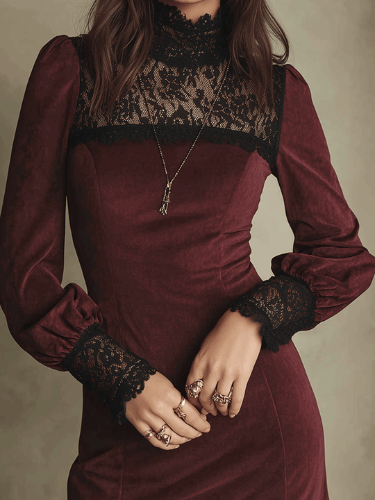 Victorian Velvet Lace-Panel Burgundy Bodycon Mini Dress